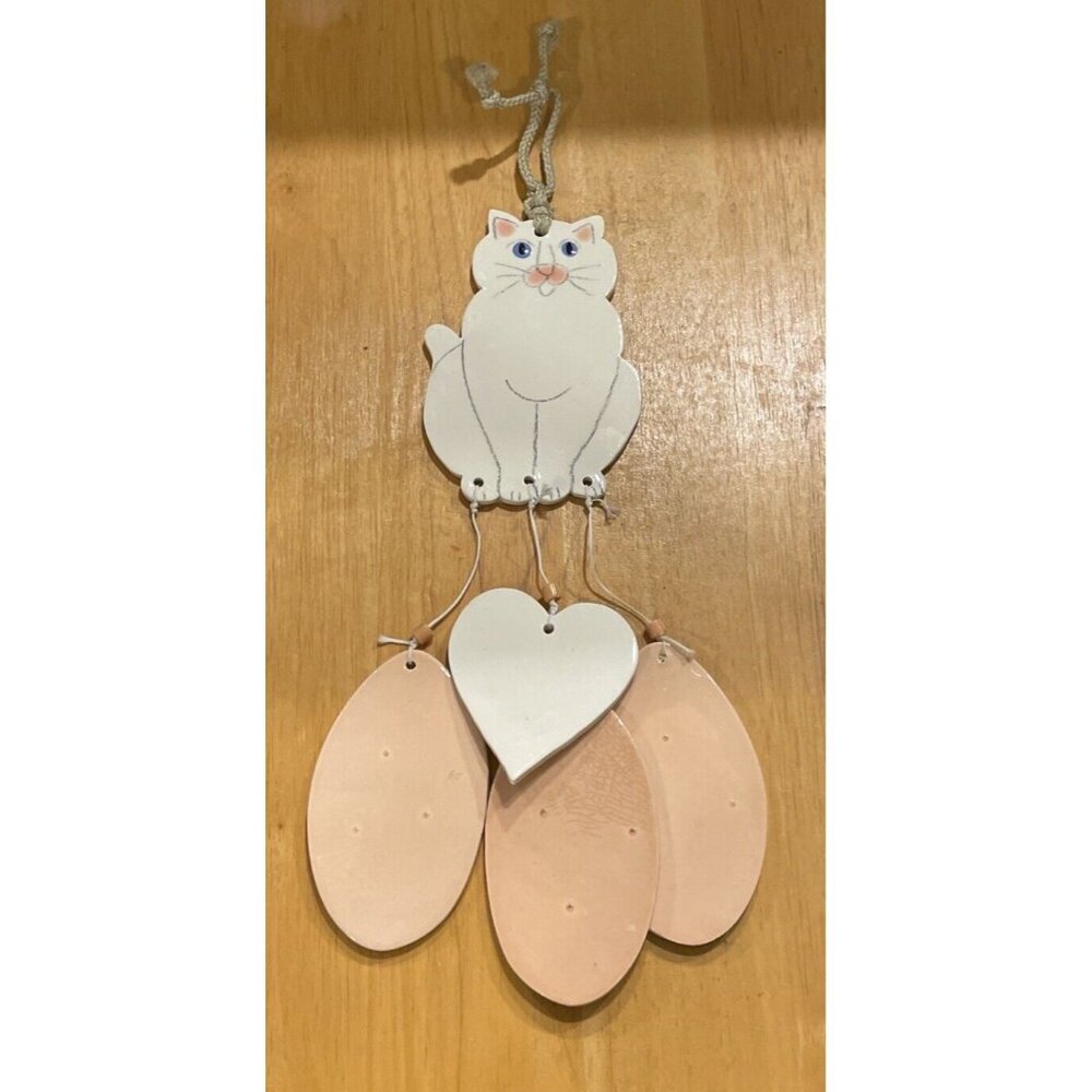 Vintage Handcrafted White Cat‎ Kitten Kitty Wind Chime Ceramic Heart